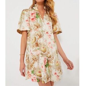 NWT Tuckernuck Floral Foil Print Tiered Mini Babydoll Dress Short Sleeve Ivory S